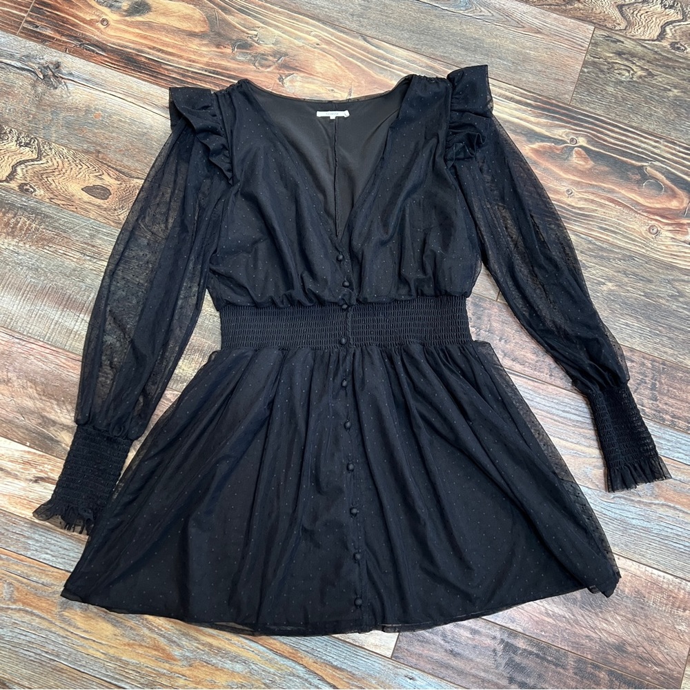 Tularosa Revolve Saachi Dress Black Long Sleeve Swiss Dot Mesh Ruffle Size S